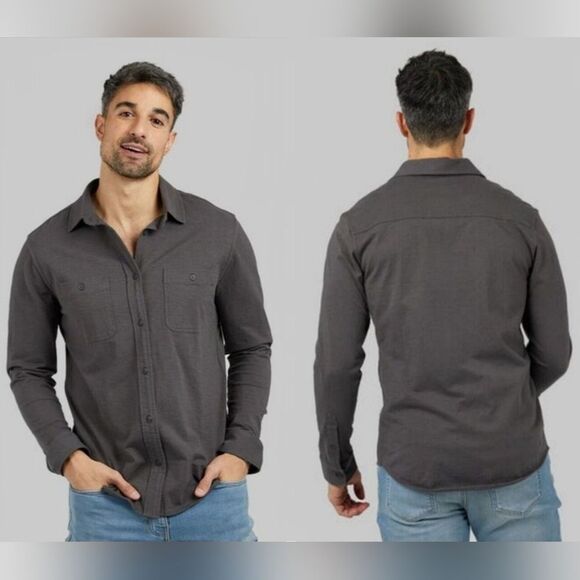 32 Degrees Mens Long Sleeve Soft Knit 100% Cotton Button-Up Shirt Stretch Gray M - Picture 1 of 5